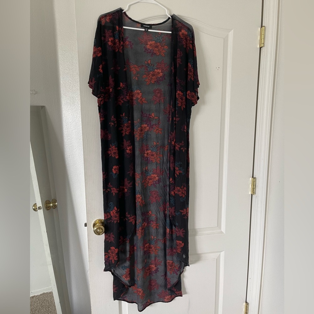 TORRID Sheer Floral Kimono/Beach Swim Coverup Duster/ Black Orange/Short Sleeve